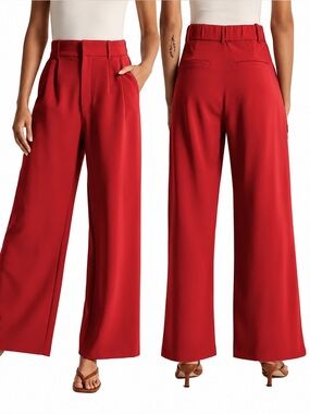 Zara Wide Leg Dress Pants High Rise Pleated Red Career Trousers XS NWOT